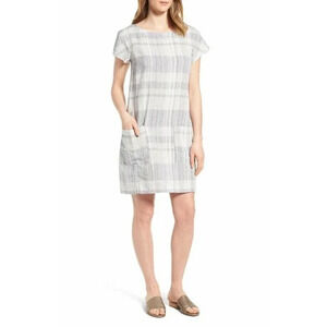 Eileen Fisher Dress S Organic Linen Blend Gray Plaid Zip Pockets Short Sleeve